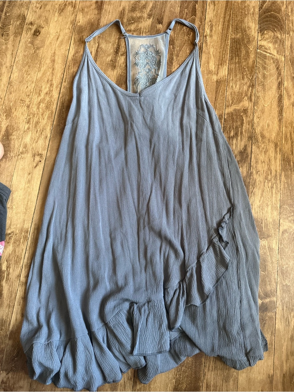 Three Bird Nest Slate Blue Ruffle-Hem Tank with Lace Back